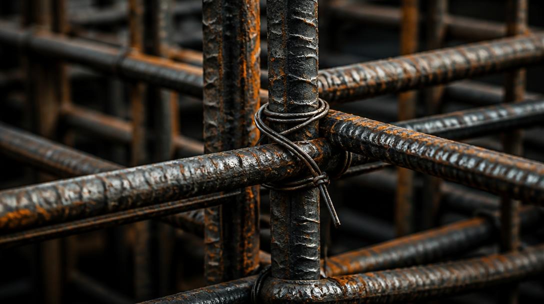 Steel rebar tied together at a construction site